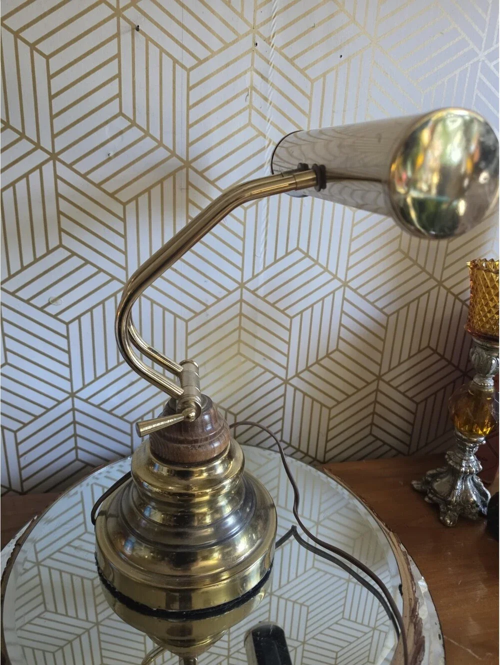 Vintage Underwriters Laboratories Brass Wood Piano Desk Bankers Adjustable Lamp